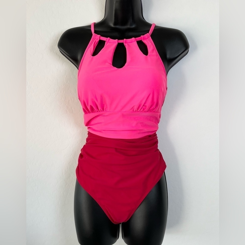 New One Piece High Neck Tummy Control Red & Pink Bathing Suit - Picture 2 of 8